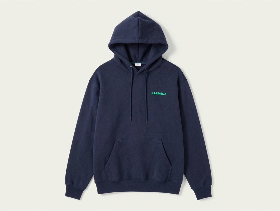 Hoodie custom perusahaan model oversized warna hitam dengan bordir logo di dada — hasil produksi konveksi KARMEDA Tangerang