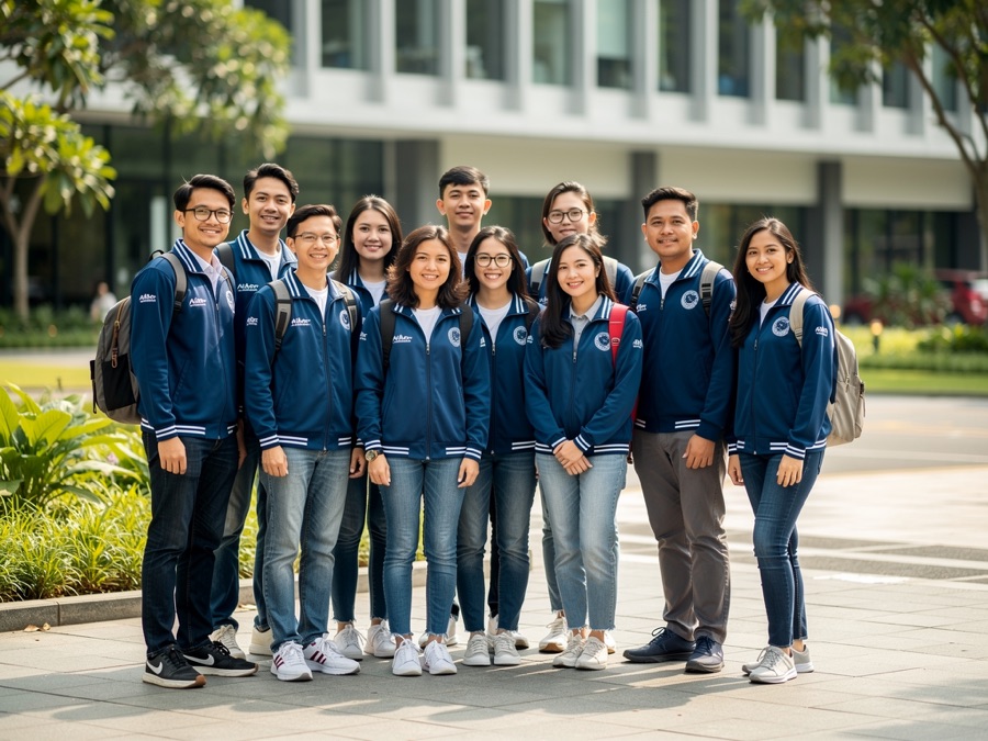 Varian jaket almamater bahan drill dengan ritsleting dan rib pergelangan untuk organisasi kampus