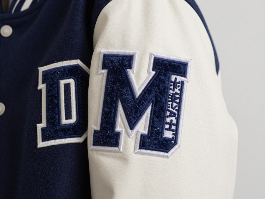 Detail bordir logo dan patch nama pada dada jaket varsity custom
