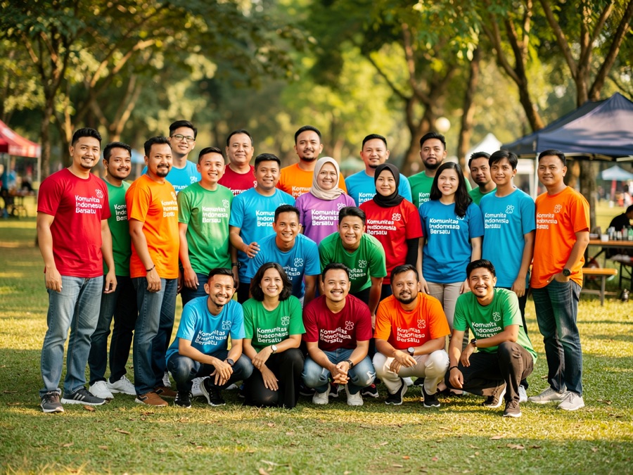 Variasi polo dan jaket seragam komunitas dalam satu warna tema dengan penempatan nama dan divisi berbeda