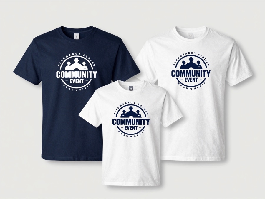 Kaos komunitas custom warna tema dengan logo acara di dada dan nama peserta berbeda di setiap potong, hasil produksi konveksi KARMEDA