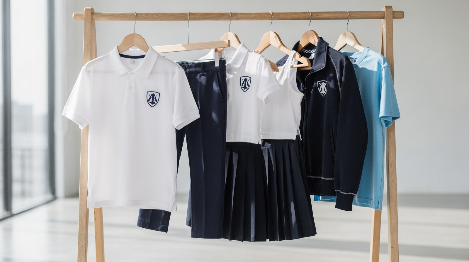 Koleksi seragam sekolah internasional: kemeja, polo, celana, rok, kaos olahraga dan jaket